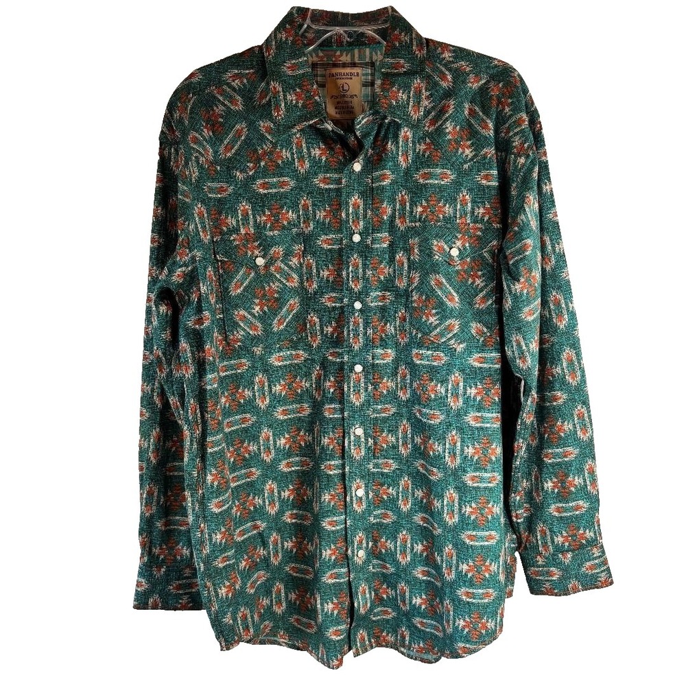 Panhandle Rough‎ Stock Pearl Snap Long Sleeve Shirt Women's Size L Green Western